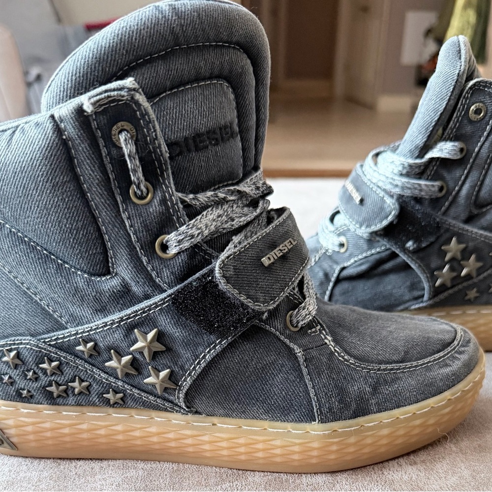 Diesel Denim High-Top Sneakers with Star Accents